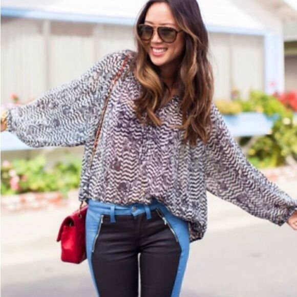 Isabel Marant Pour H&M 100% Silk Sheer Balloon Sleeve Blouse Black Ivory Women 2 - Picture 2 of 9